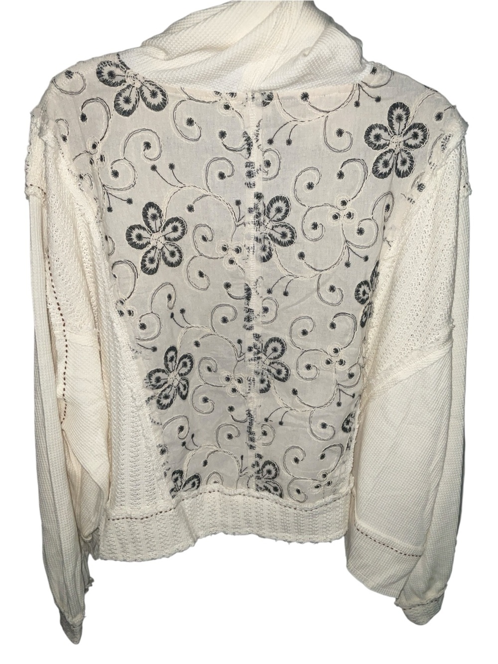 POL NWOT M Ivory Floral Embroidered Mixed Media Hooded Boho Top A34 - Picture 5 of 7